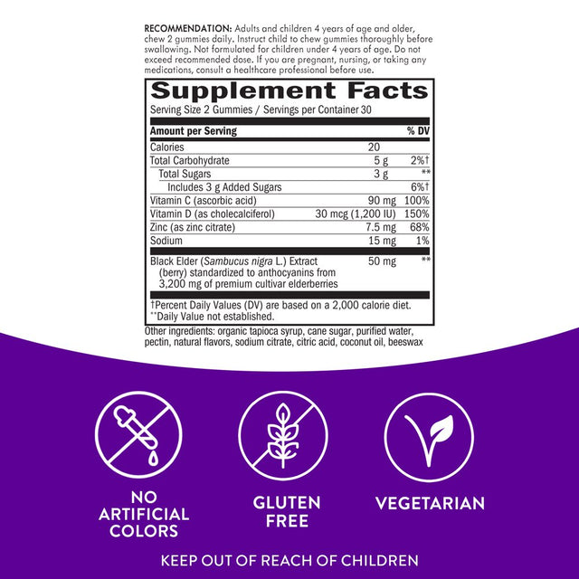 Nature'S Way Sambucus Elderberry Immune Gummies, with Vitamins C, D3, & Zinc, Unisex, 60 Ct