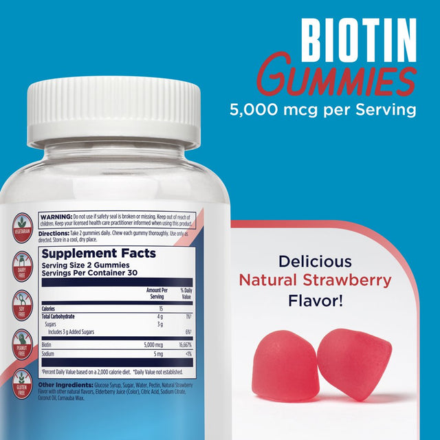 KAL Biotin Gummies 5,000 Mcg | Healthy Hair Skin and Nail Support | Vegetarian | Strawberry | 60Ct, 30 Serv.