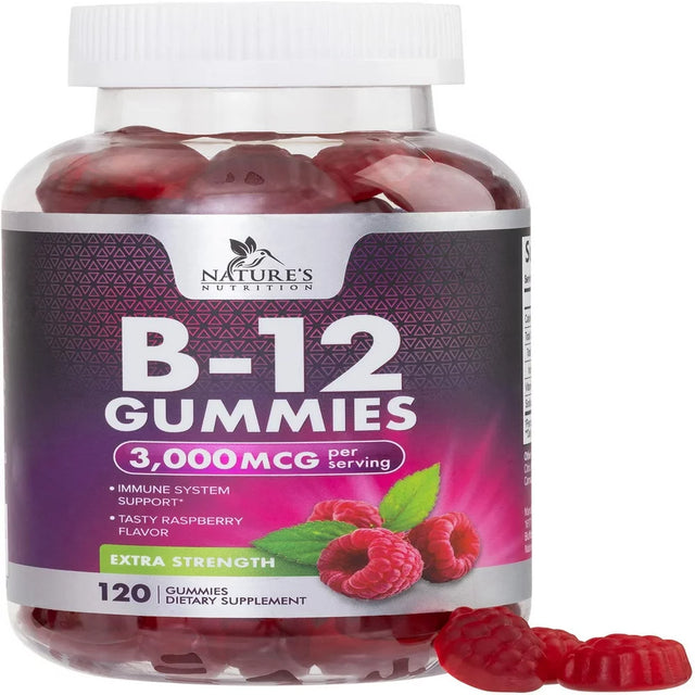 Vitamin B12 Gummies 3000 Mcg, High Absorption Vitamin B-12 Energy & Immune System Support Gummy Vitamins, Vegan Gummy, Natural Energy Support, Raspberry Flavor, for Adults and Kids - 120 Gummies