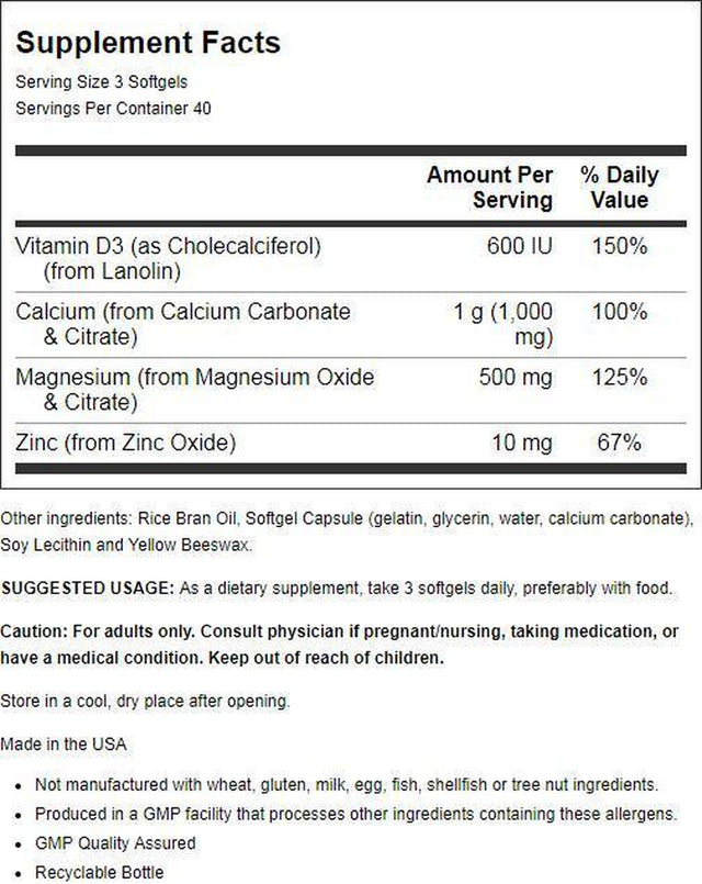 NOW Supplements, Calcium & Magnesium with Vitamin D-3 and Zinc, Supports Bone Health*, 120 Softgels