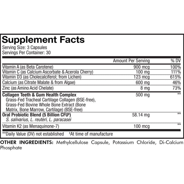 Codeage Teeth & Gums, Vitamin D3 & K2, Oral Care Collagen & Probiotic, Plant-Based Calcium, Potassium, 90 Ct