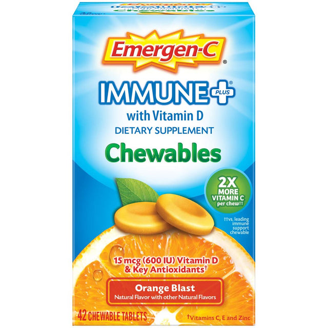 Emergen-C Immune+ Chewables 1000Mg Vitamin C with Vitamin D Tablet, Immune Support Dietary Supplement for Immunity, Orange Blast Flavor - 42 Count