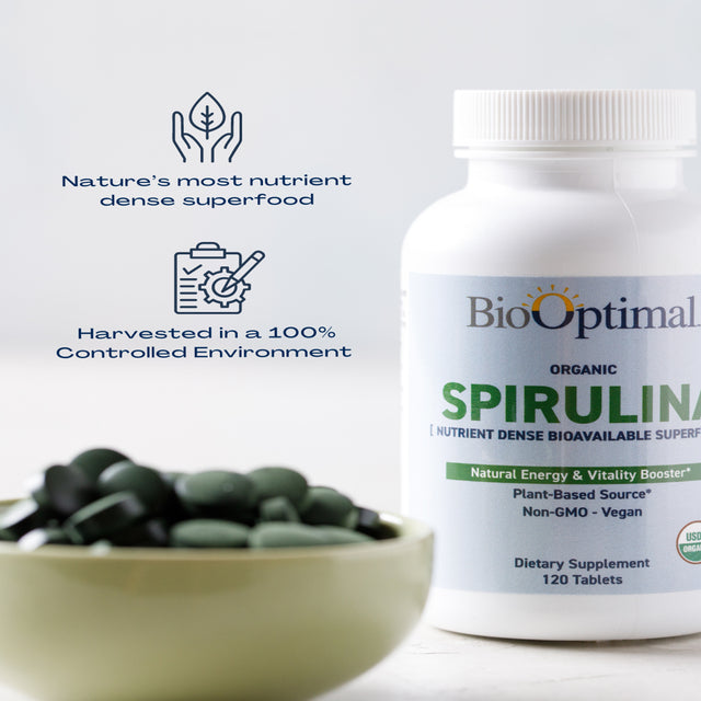 Biooptimal Organic Spirulina Tablets, Immune & Energy Support Supplement, 120 Count