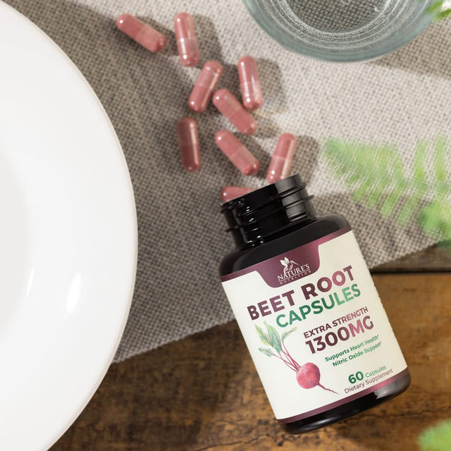 Beet Root Capsules - 1300Mg Extra Strength, Natural Beetroot Powder Extract - Nitric Oxide Supports Heart Health, Endurance & Energy - Vegan Herbal Extract Supplement - Nongmo - 60 Capsules