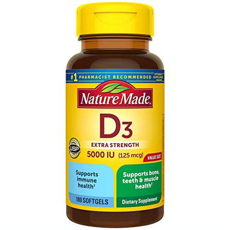 Nature Made Extra Strength Vitamin D3 5000 IU (125 Mcg), Dietary Supplement for Bone, Teeth, Muscle and Immune Health Support, 180 Softgels, 180 Day Supply