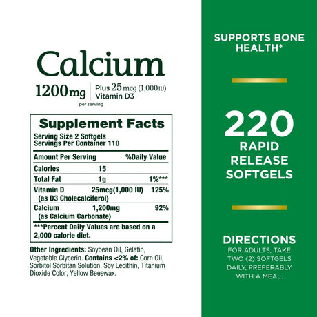 Nature’S Bounty Calcium Supplement + Vitamin D3 , 1200Mg, 220 Softgels