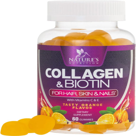 Collagen & Biotin Hair Vitamin Gummies - Extra Strength for Healthy Hair, Skin & Nails Growth Support - Collagen Peptides Gummy Supplement with Vitamins C & E - Orange Flavored, Non-Gmo - 60 Count