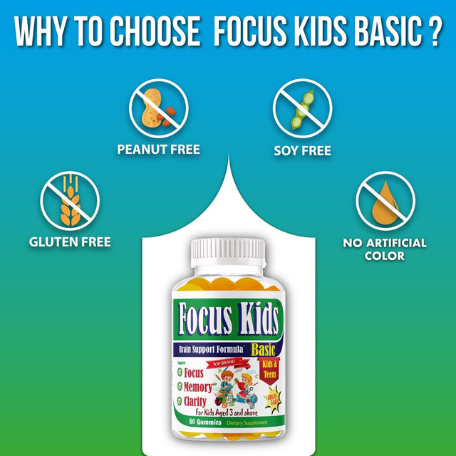 Focus Kids Kids Brain Booster Supplements Brain Focus Gummies Omega 3 for Kids Attention & Focus, Brain Booster, Memory & Concentration- 60Ct