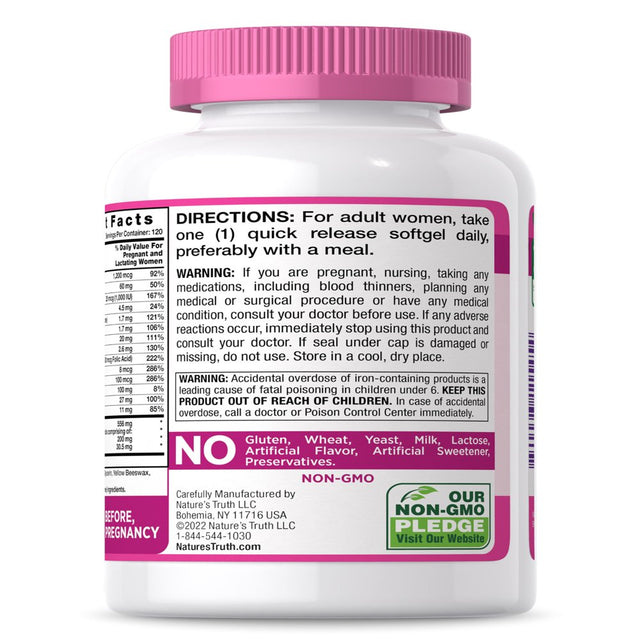 Prenatal Vitamin for Women | 120 Softgels | Non-Gmo & Gluten Free Mineral Supplement with DHA and Folic Acid | by Nature'S Truth