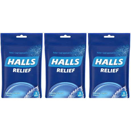 HALLS Relief Menthol Flavor Cough Drops, 30 Drops per Pack ,90 Drops Total (3 Pack)