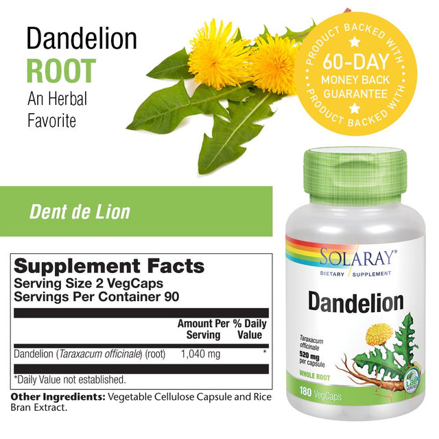 Solaray Dandelion Root 1040Mg | Healthy Liver, Kidney, Digestion & Water Balance Support | Whole Root | Non-Gmo, Vegan & Lab Verified | 180 Vegcaps