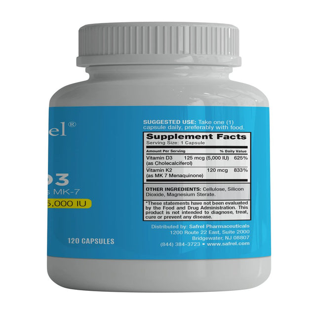 Safrel Vitamin K2 (MK7) 120 MCG and D3 5000 IU Supplement per Capsule, Supports Calcium Absorption for Bone, Immune and Heart Health, Easy to Swallow K2 and D3, Non-Gmo, 120 Count