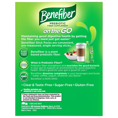 Benefiber on the Go Prebiotic Fiber Powder for Digestive Health, Unflavored Powder Stick Packs - 36 Sticks (Pack of 2)