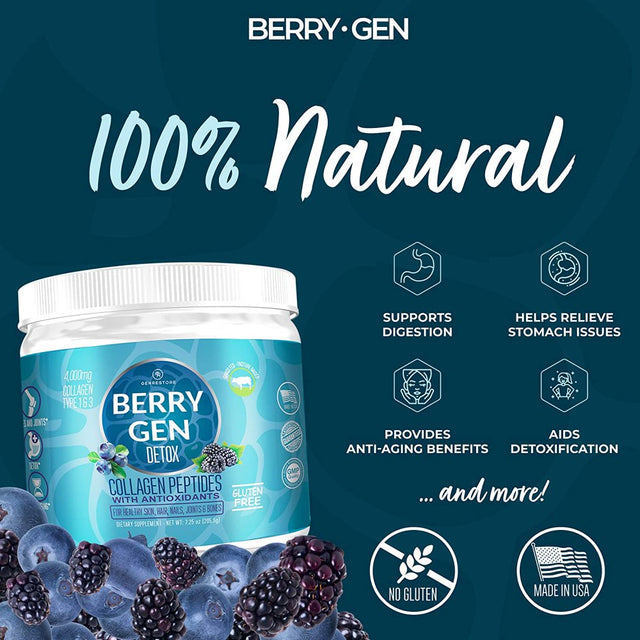 Berry Gen: Detox X 2 Collagen Powder with Antioxidants and Probiotics - 60 Servings - Peptides with Type 1 and 3 Collagen - Support Healthy Hair, Skin, Nails, Digestion and Gut Health - Made in the US