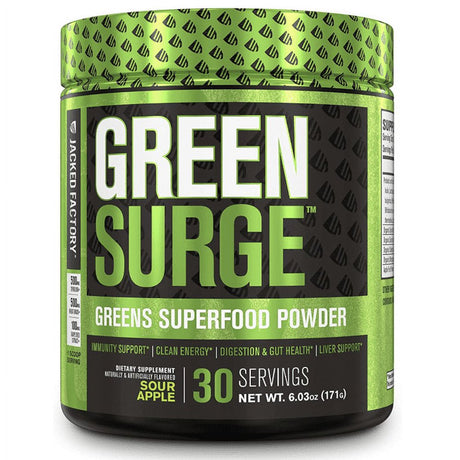 Jacked Factory Green Surge Superfood Powder Supplement - Greens Drink with Spirulina, Wheat, Barley, Organic Greens, Green Tea, Probiotics & Digestive Enzymes - Sour Apple - 30 Servings