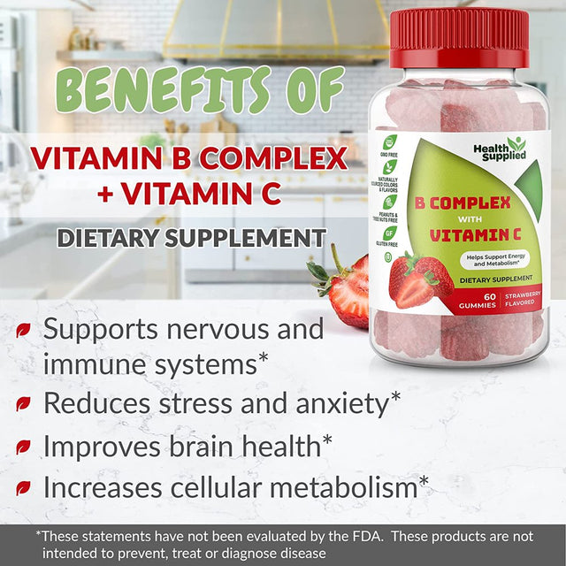 Health Supplied Vitamin B Complex with Vitamin C Gummies | Natural Strawberry Flavor Gummy