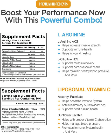 Max Strength Nitric Oxide Booster Bundle – L-Arginine & Liposomal Vitamin C, with L Citrulline, Ascorbyl Palmitate, Natural Absorb Boost Formula to Support Exercise Energy, Immune Health, Slim Look