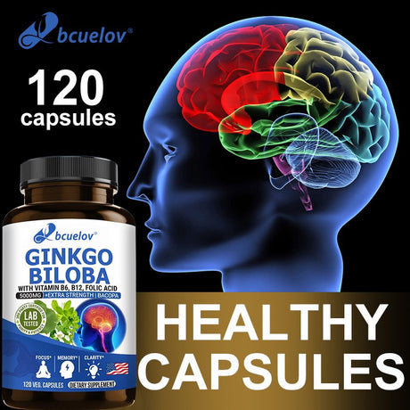 Ginkgo Biloba Supplement - with Vitamins B6 B12 - Standardized Extract 24% Ginkgo Flavonoid Glucosides 6% Terpene Lactones - Brain Memory Mental Clarity Alertness Energy Mood-120Capsules