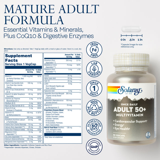 Solaray Once Daily Adult 50+ Multivitamin, Healthy Energy, Heart, Eye & Immune Support for Mature Adults, 90 Vegcaps