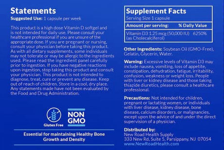 New Road Health Supply - Ultra- D3, Vitamin D 50000 IU Weekly Vitamin D Softgel for Bones, Teeth, and Immune Support, Gluten Free, 12 Count