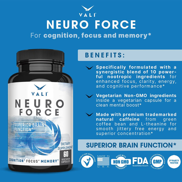 VALI Neuro Force Caffeine & L-Theanine Bundle - Nootropic Brain Booster Supplement for Focus, Memory, Clarity & Energy and Smart Smooth Focused Energy Cognitive Nootropic Supplement