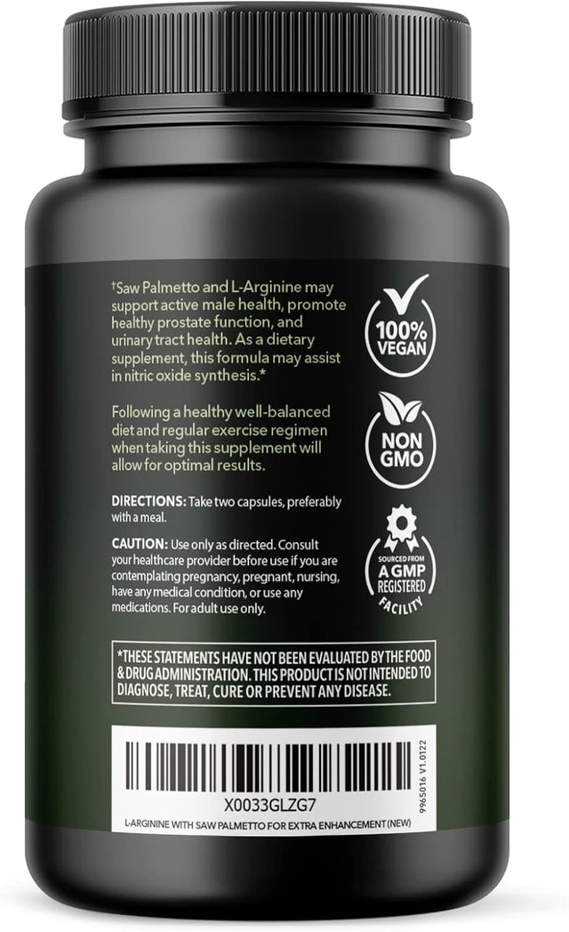 L Arginine Saw Palmetto for Men with S7 Plant-Based Ingredient Blend for Nitric Oxide Boost | Increases Blood Flow and Improves Prostate Support | Active Male Supplement | 60 Vegan Capsules