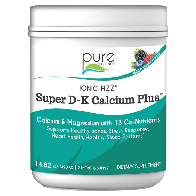 Ionic Fizz Super D-K Calcium plus - Supplement with Magnesium, Zinc, Potassium, and 12 Other Nutrients -Natural Sleep Aid, anti Stress Powder, Strong Bones by Pure Essence - Mixed Berry - 14.82 Oz