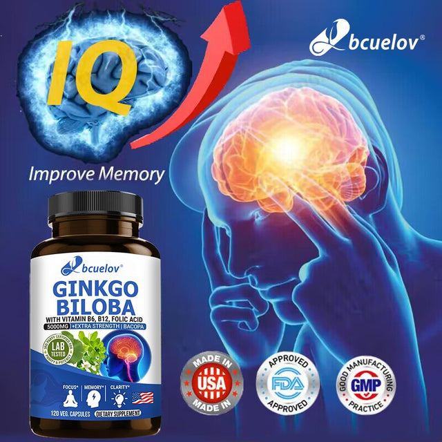 Ginkgo Biloba Supplement - with Vitamins B6 B12 - Standardized Extract 24% Ginkgo Flavonoid Glucosides 6% Terpene Lactones - Brain Memory Mental Clarity Alertness Energy Mood-120Capsules