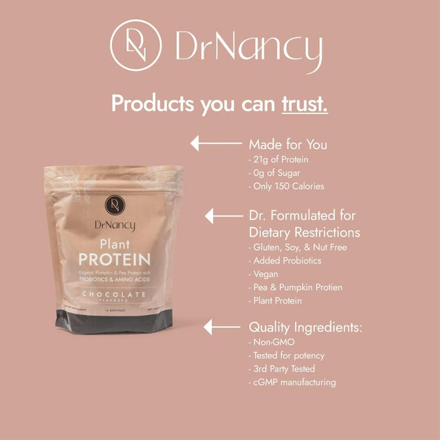 Plant Protein Chocolate by Dr. Nancy MD (14 Servings, 35.3G), 21G Pea and Pumpkin Protein, with Added L-Glutamine & Probiotics