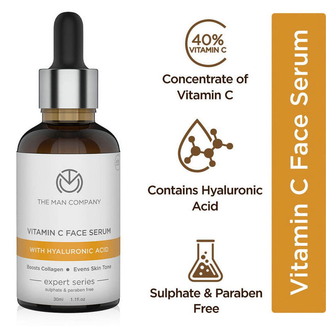 The Man Company 40% Vitamin C Face Serum with Hyaluronic Acid | Boosts Collagen | Glowing & Brightening Skin | Soft, Smooth & Supple | All Skin Types -30Ml