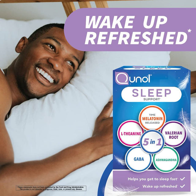 Qunol Sleep Support, 5 in 1 Non-Habit Forming Sleep Aid, Supplement with Time-Released Melatonin 5Mg, Ashwagandha, GABA, Valerian Root, L-Theanine, 30Ct Capsules