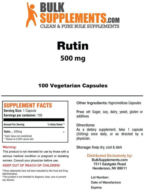 Bulksupplements.Com Rutin Capsules, Antioxidant Supplement for Blood Circulation Support and Brain Support (100 Vegetarian Capsules - 100 Servings)