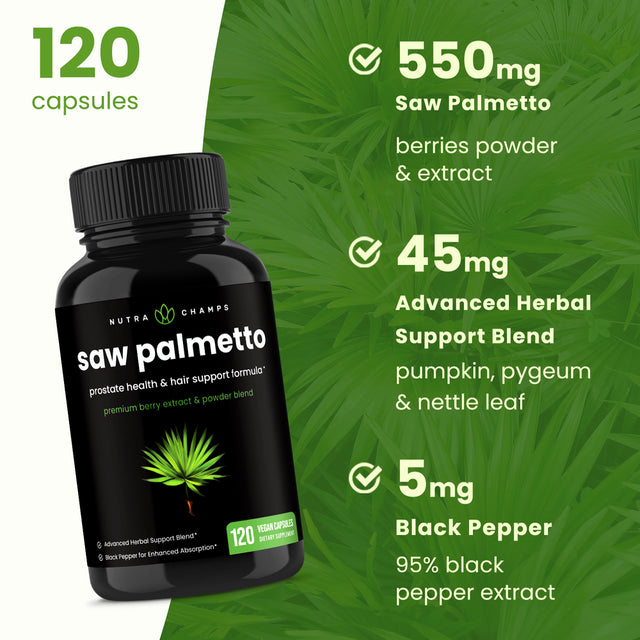 Nutrachamps Saw Palmetto Supplement for Prostate Health [Extra Strength] 600Mg Complex with Extract & Berry Powder - Supports Healthy Urination Frequency, DHT Blocker & Hair Loss Prevention - 120Ct