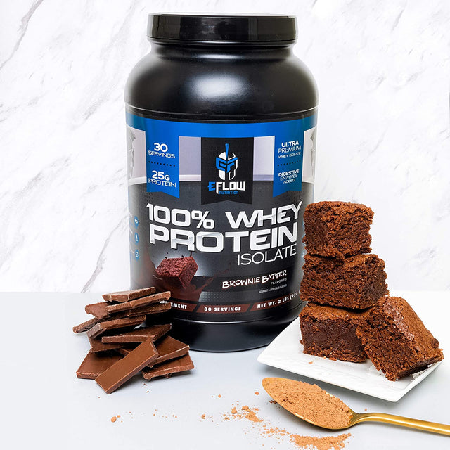 Eflow Nutrition 100% Whey Protein Isolate - Gluten & Lactose-Free Digestive Enzymes Added, Low Carb, Post Workout Shake, Fast Digesting for Optimal Muscle Recovery - Brownie Batter (26 Servings)