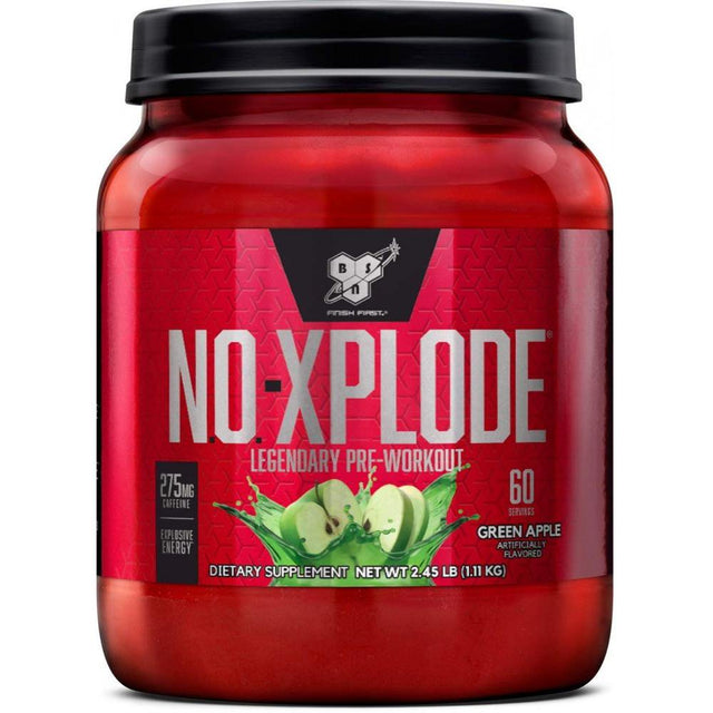 BSN N.O. Xplode Nitric Oxide Booster + Pre Workout Powder, Green Apple, 60 Servings