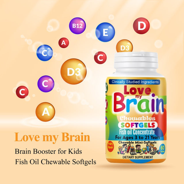 Love My Brain Kids Brain Focus Chewable Mini-Softgel, with DHA, EPA & Fish Oil Omega 3 6 9, Support Focus, Memory and Attention Kids & Teens- 60Ct