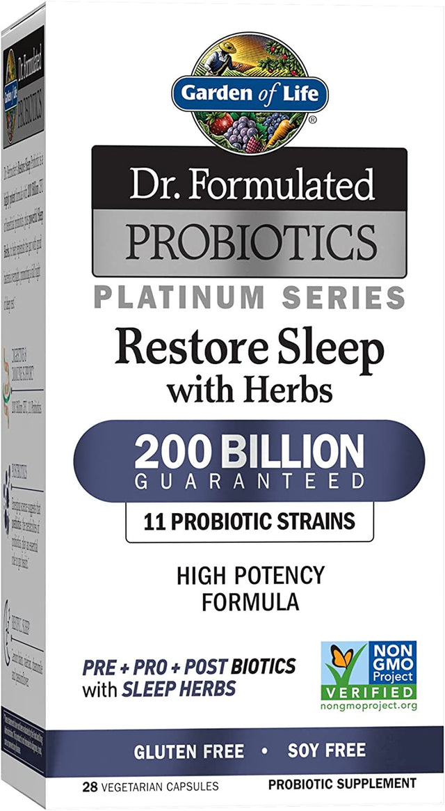 Garden of Life Dr. Formulated Probiotics Platinum Series Restore Sleep with Herbs 200 Billion CFU Guaranteed for Digestion, Immune Support, Restful Sleep, 28 Capsules *EN