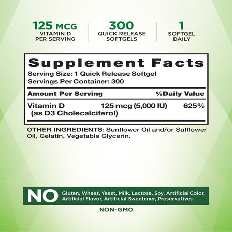 Nature'S Truth Vitamin D3 5000 IU | 300 Softgels | High Potency Vitamin D | Non-Gmo Gluten Free