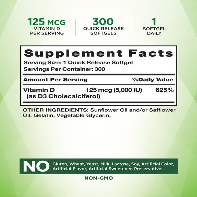 Nature'S Truth Vitamin D3 5000 IU | 300 Softgels | High Potency Vitamin D | Non-Gmo Gluten Free