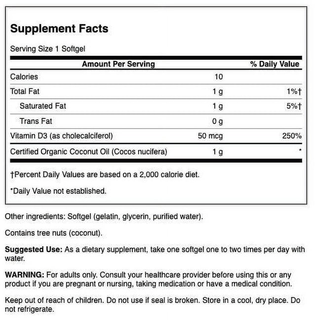 Swanson Vitamin D-3 with Coconut Oil - High Potency 2,000 Iu 60 Softgels