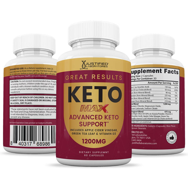 (3 Pack) Justified Laboratories Great Results Keto ACV MAX Pills 1675Mg Dietary Supplement 180 Capsules