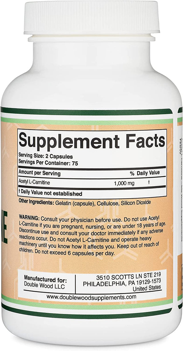 Acetyl L-Carnitine 1,000Mg per Serving, 150 Capsules (ALCAR for Brain Function Support, Memory, Attention, and Stamina) Acetyl L Carnitine That Is Manufactured and Tested in the USA by Double Wood