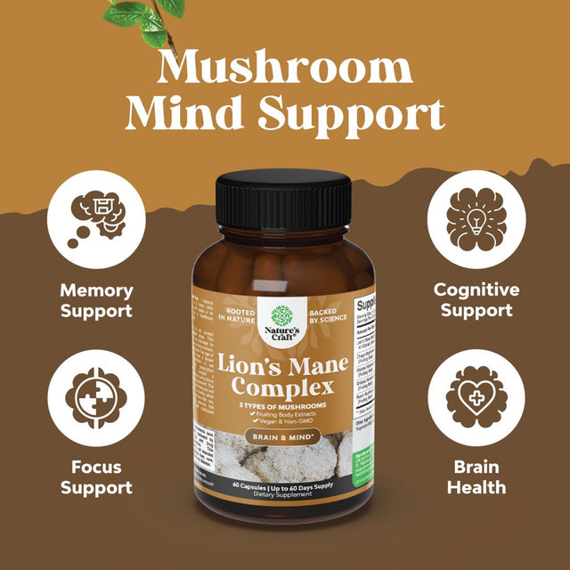 Advanced Lion'S Mane Mushroom Supplement - Lions Mane Supplement Capsules with 5X Fruiting Body Mushroom Complex with Chaga Maitake Shiitake and Reishi - Brain Booster Nootropic Supplement (60 Caps)