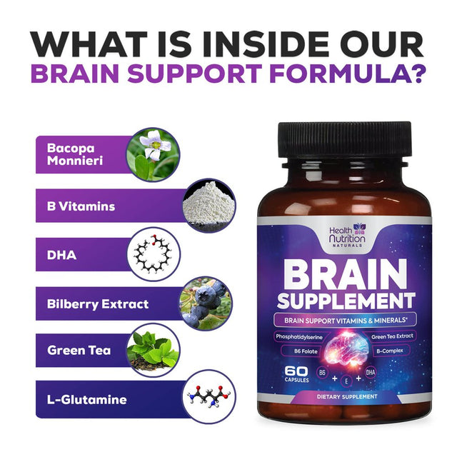 Brain Supplement for Memory and Focus - Nootropics for Concentration, Energy, Cognitive, & Mental Clarity Support, Bacopa Powder, B Vitamins, Phosphatidylserine, DMAE Brain Booster - 60 Capsules