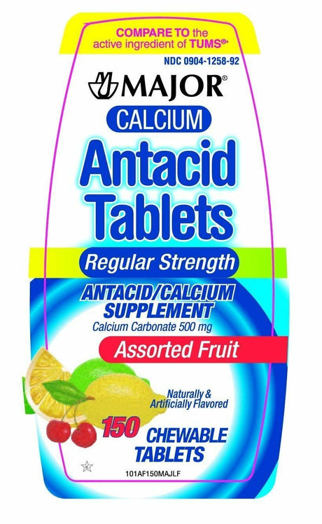 Major Calcium Antacid Chewable Assorted Fruit Flavor Tablets, Regular Strength, 150 per Bottle Pack of 5