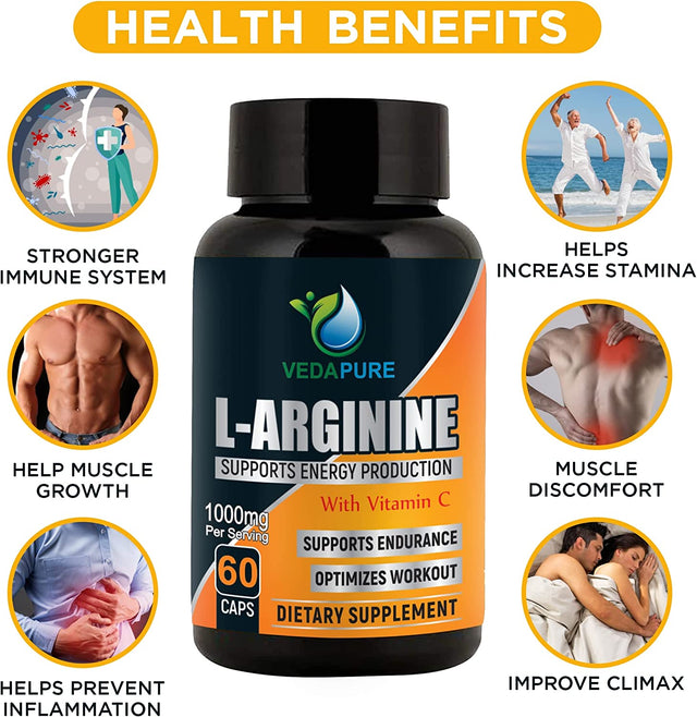 Natural L-Arginine Nitric Oxide Booster Supplement for Energy, Muscle Growth, Heart Health, Vascularity & Double Strength - 60 Capsules