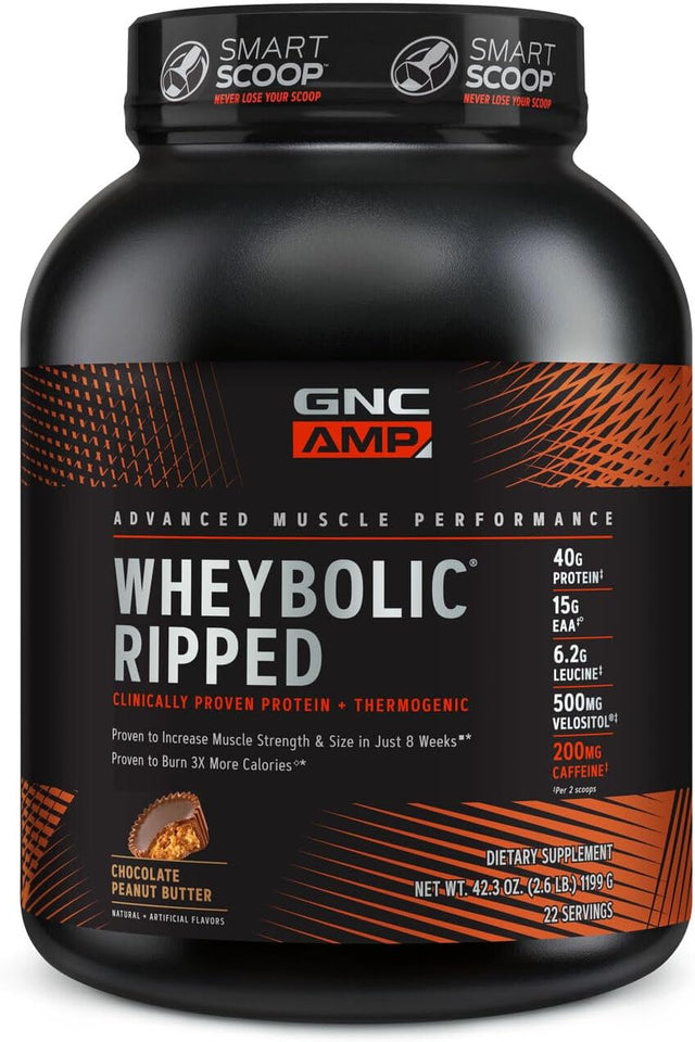 GNC AMP Wheybolic Ripped | Targeted Muscle Building and Workout Support Formula | Pure Whey Protein Powder Isolate with BCAA | Gluten Free | 22 Servings | Chocolate Peanut Butter