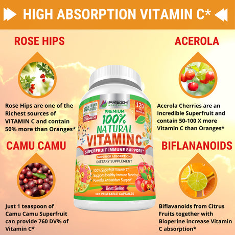 Natural Vitamin C - 100% from Rose Hips, Acerola Cherry and Camu Camu Superfruit 500Mg - High Absorption - Immune Support, Skin, Joint and Collagen Booster with Citrus Biflavanoids - 120 Capsules