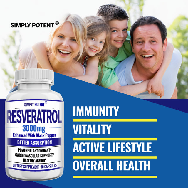 Resveratrol 3000Mg Supplement, Max Strength 3X Resveratrol 1000Mg, 90 Caps 3 Mon Supply, Enhanced with Black Pepper for Max Absorption, Powerful Antioxidant & Anti-Aging Pills for Heart, Immune & Skin