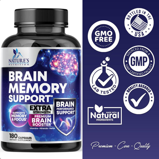 Nootropic Brain Supplement for Memory, Focus & Concentration | Cognitive Support Brain Booster Supplement with Phosphatidylserine & DMAE Bacopa | Brain Vitamins for Men & Women, Non-Gmo- 180 Capsules